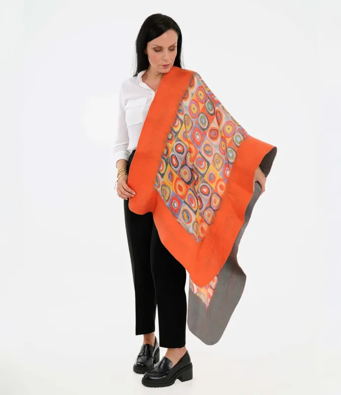 Σάλι, Διπλής Όψης, Πορτοκαλί/Γκρί Τσόχα, Σχέδιο Τετράγωνα, Κύκλοι Πολύχρωμοι Kandinsky Μετάξι